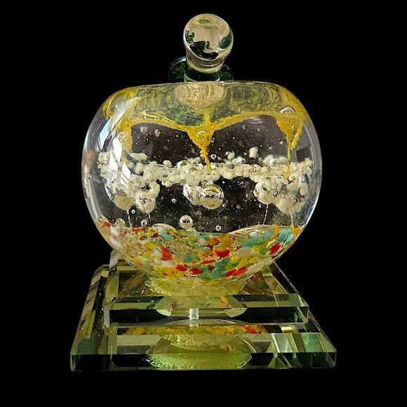 Handblown Apple Paperweight Art Glass Pedestal Multi Colored Bubbles TINY FLAW. - Picture 8 of 16